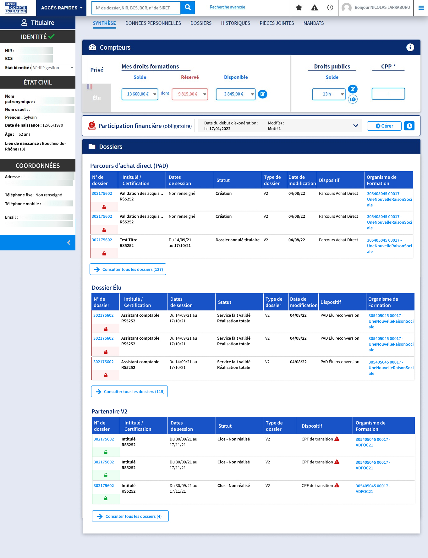 Écran intermédaire de la vue