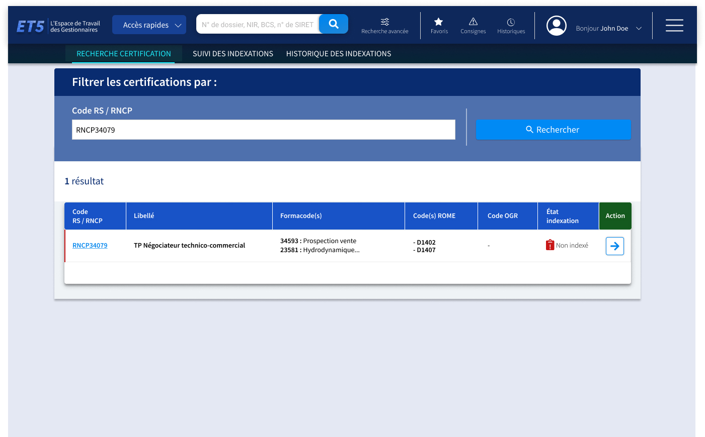 Écran de recherche d'une certification
