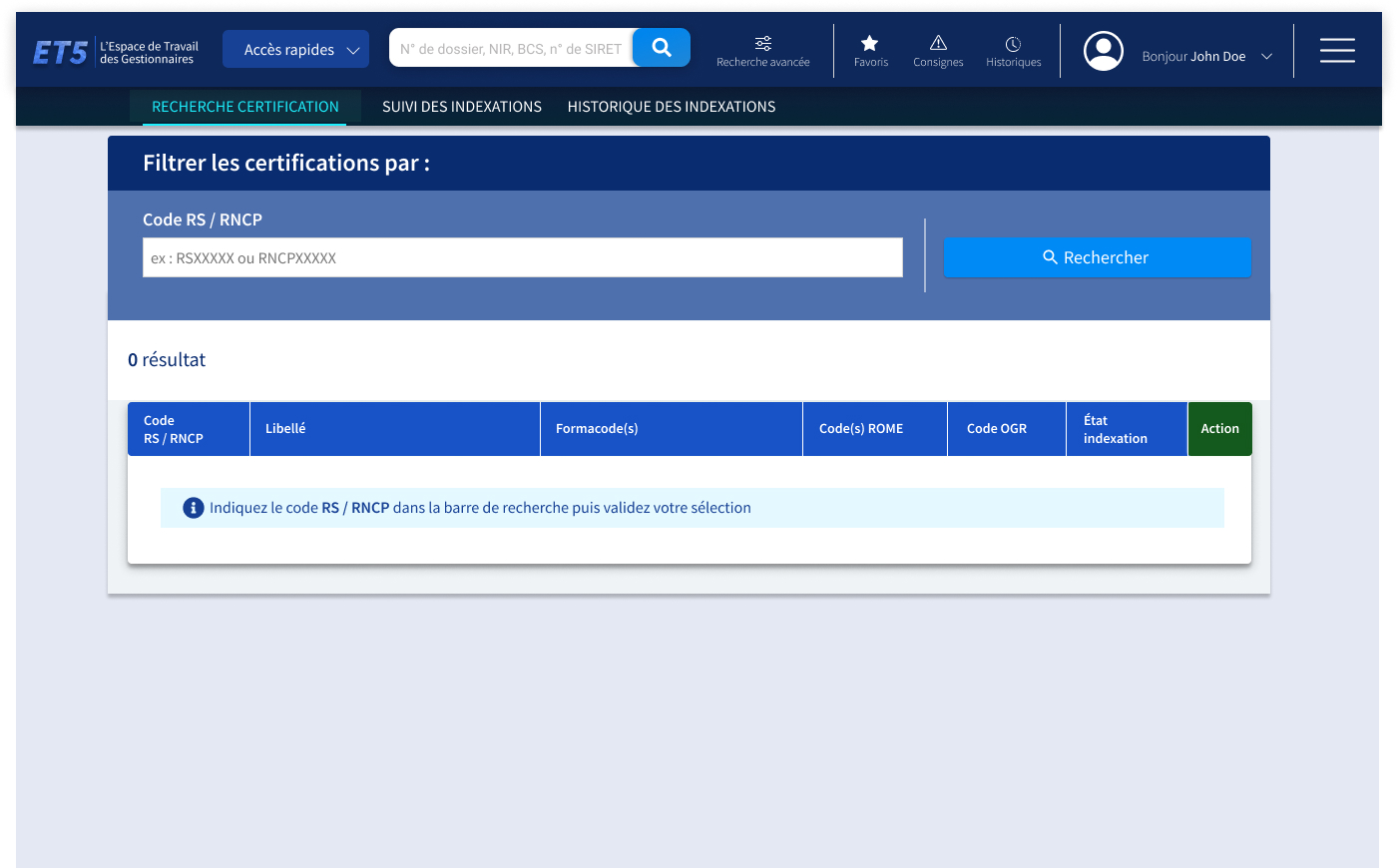 Écran de recherche d'une certification