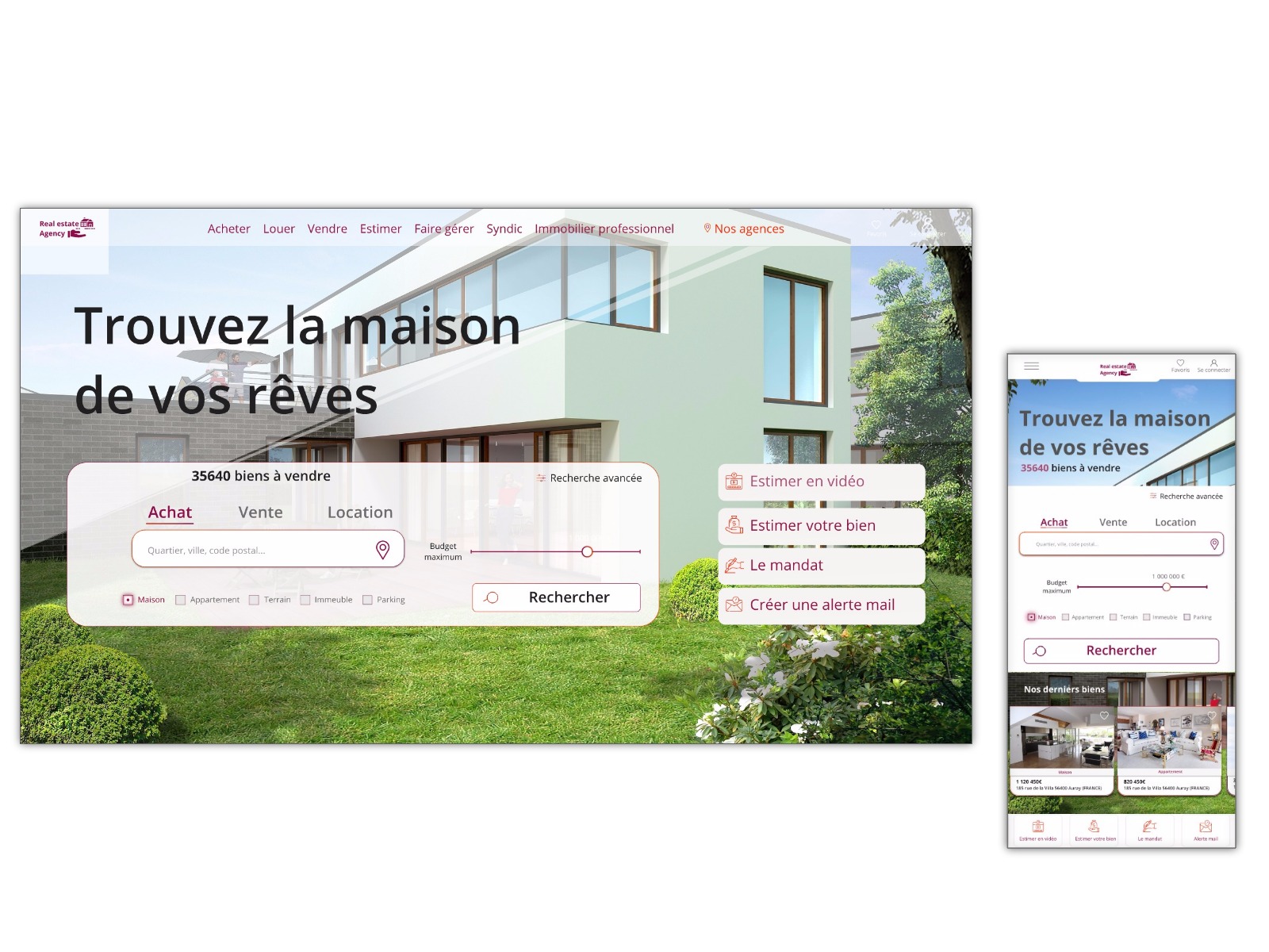 Exemple de page d'accueil desktop et mobile pour une agence immobilière